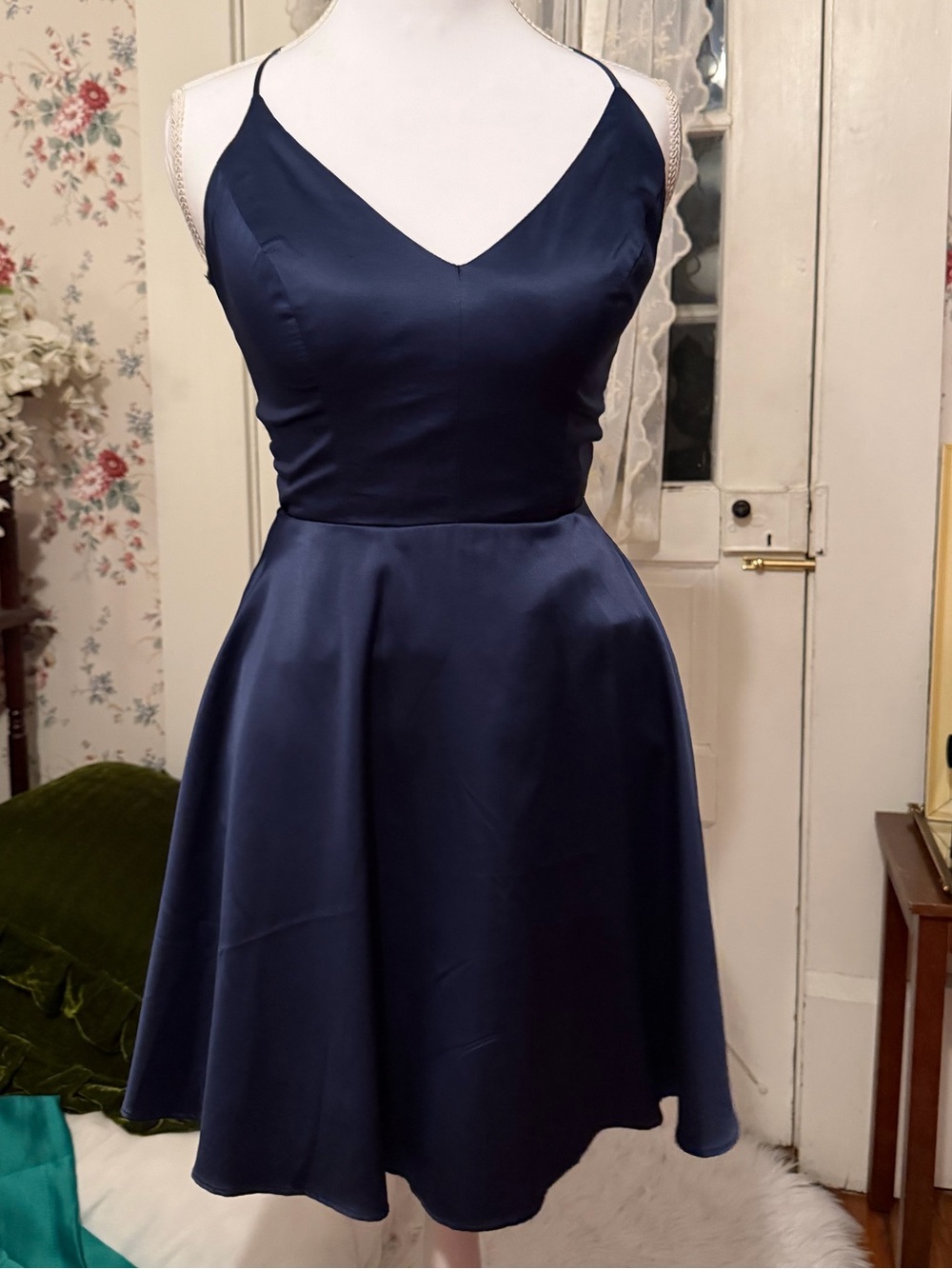 Navy Satin Lace Back Skater Dress No Brand Sz Approx XS